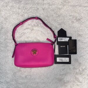 Versace Hot Pink Leather Shoulder Bag with Gold La Medusa